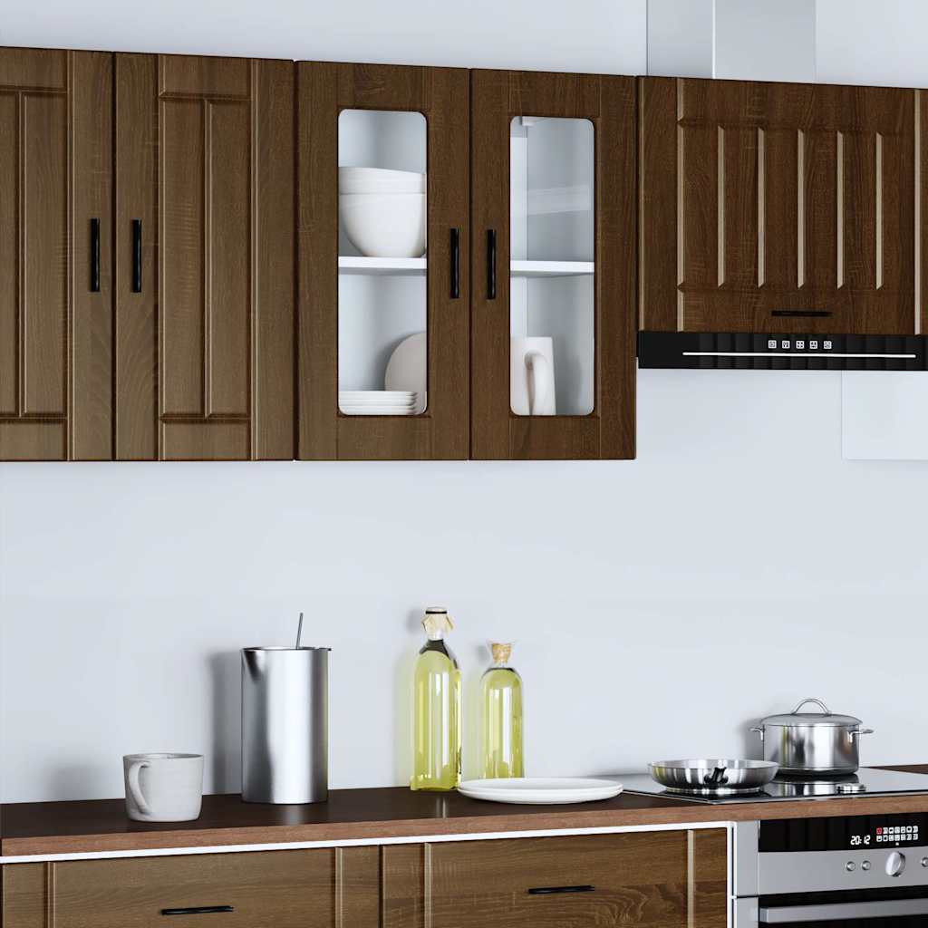 Wall Mounted Kitchen Cabinet with Glass Door Porto Collection Brown Oak Effect