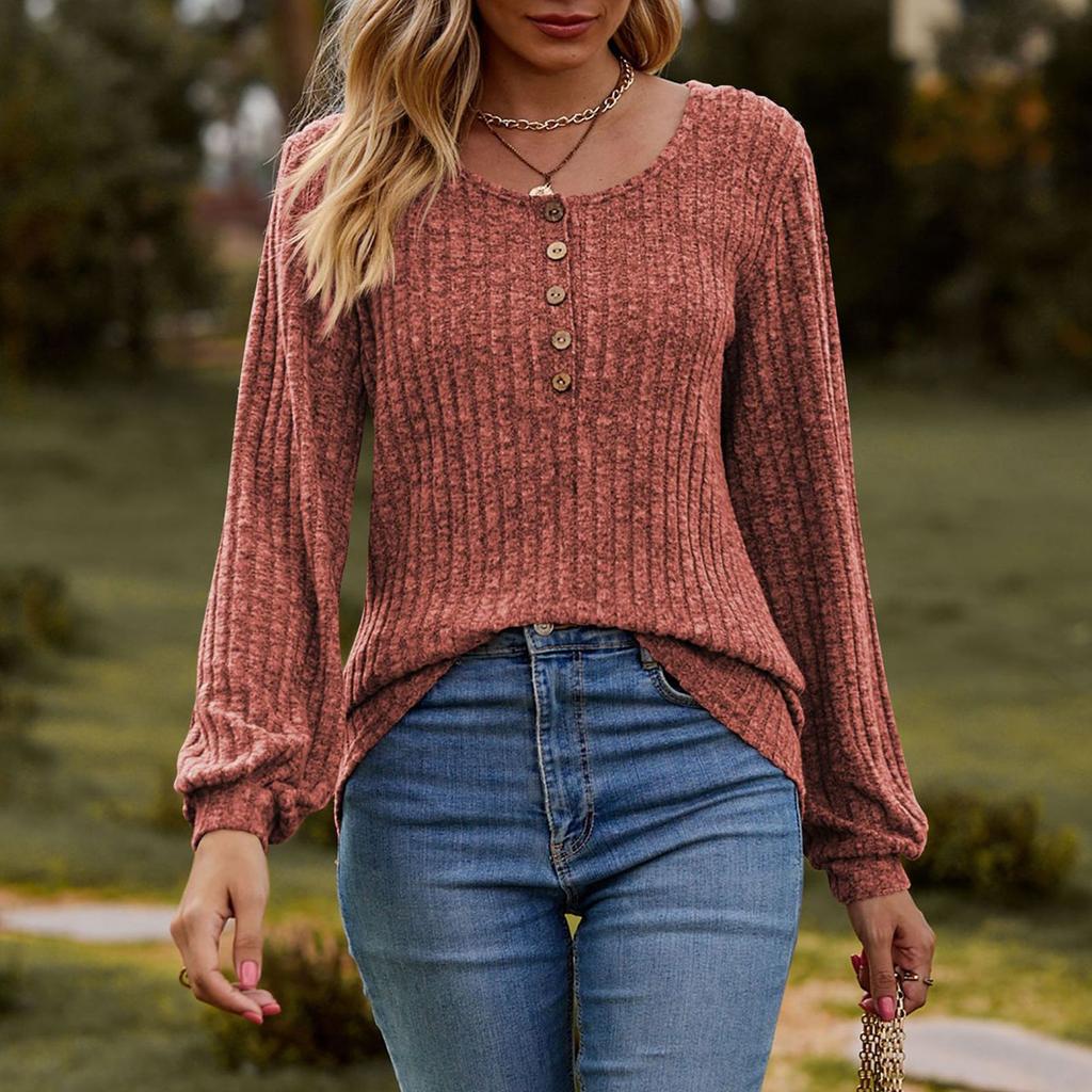 Women's Fashion Round Neck Ribbed Brushed Solid Color Button Stitching Long Sleeve