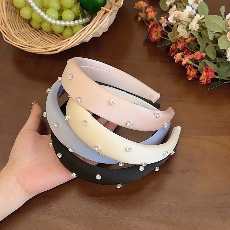 Rhinestone Sponge Hairband For Women Vintage Solid Wide Brim Puffy Puffy Hair Hoop Headband Hair Accessories