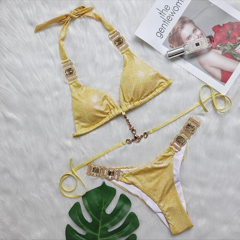 Sexy Shiny Crystal Diamond Halter Bikini Swimsuit For Women