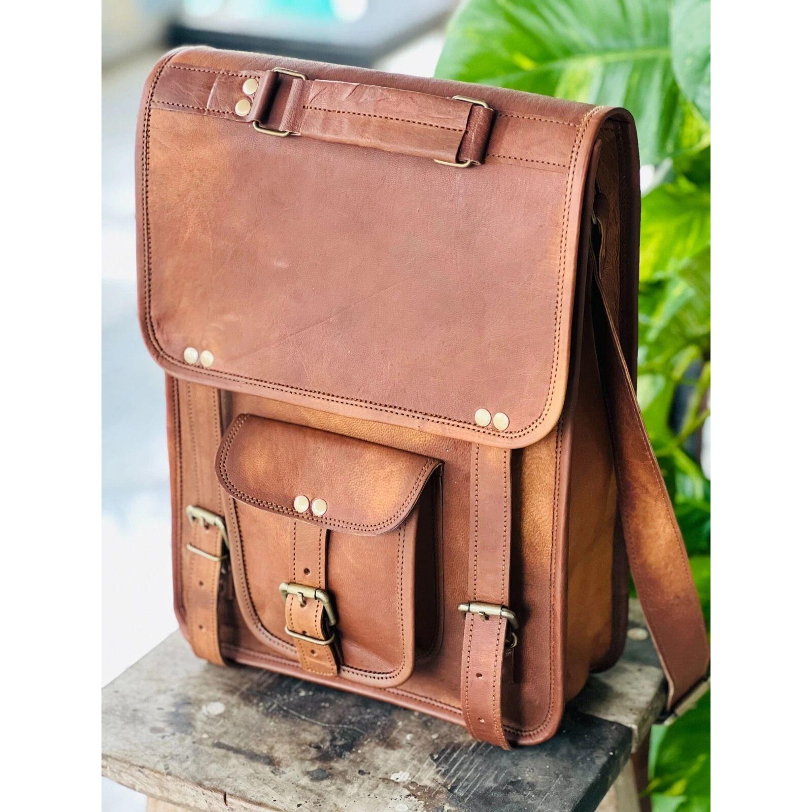 

Genuine Goat Leather Vintage Laptop Messenger Bag Cross-body Handmade Men s 16 x 12 x 5 in