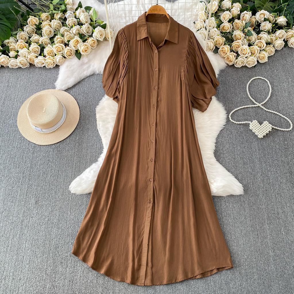 French Light and Mature Style Simple Temperament Lantern Sleeve Dress Women's Summer Commuting Lazy Wind Single-breasted Cardigan Long Dress