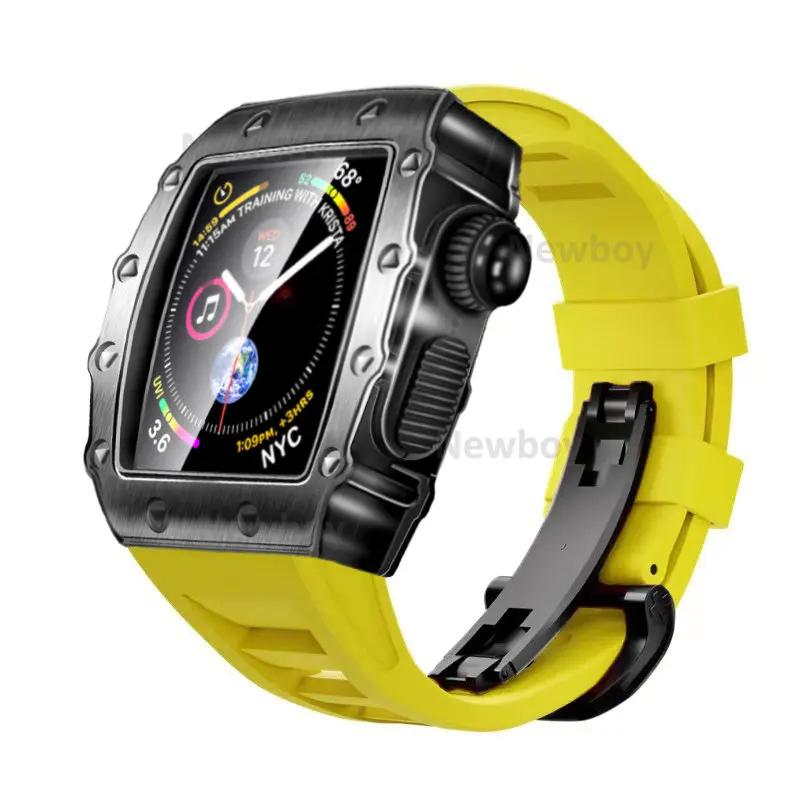 Men Case Strap for Apple Watch Series 8 7 41mm 45mm Rubber Sport Band for iWatch 6 5 4 SE 40 44mm Luxury Metal Modification Kit