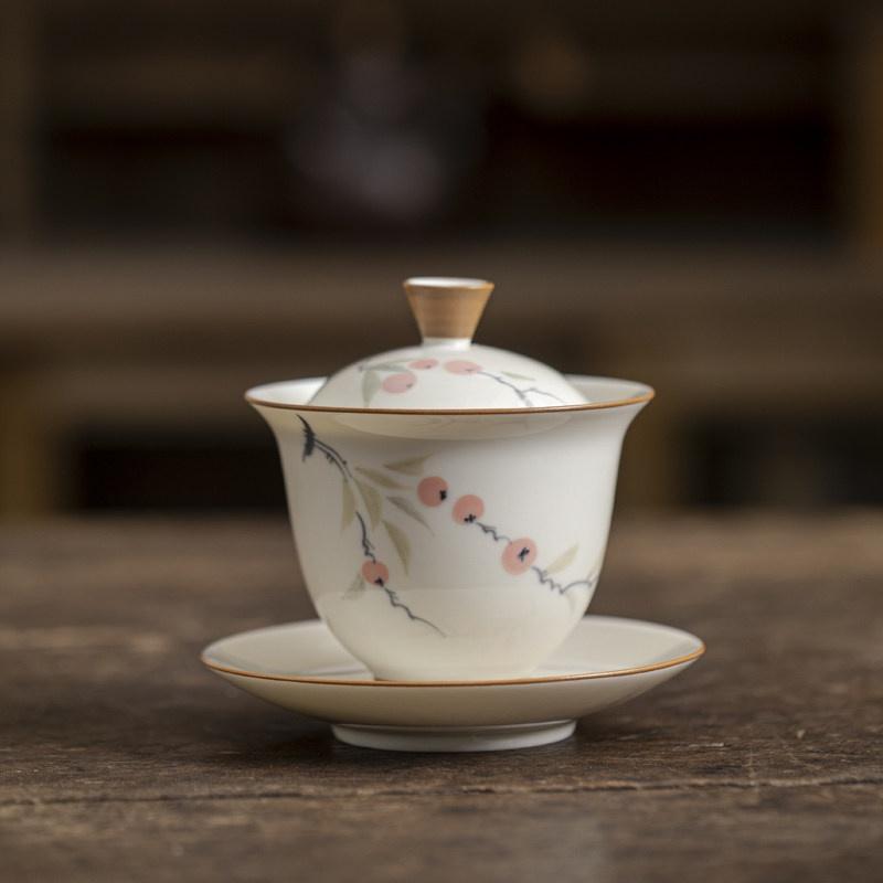 Plant Gray Hand-painted Persimmon Ruyi Horseshoe Covered Bowl Ceramic Three-talent Gaiwan Covered Cup Single Oven Mitts Tea Bowl