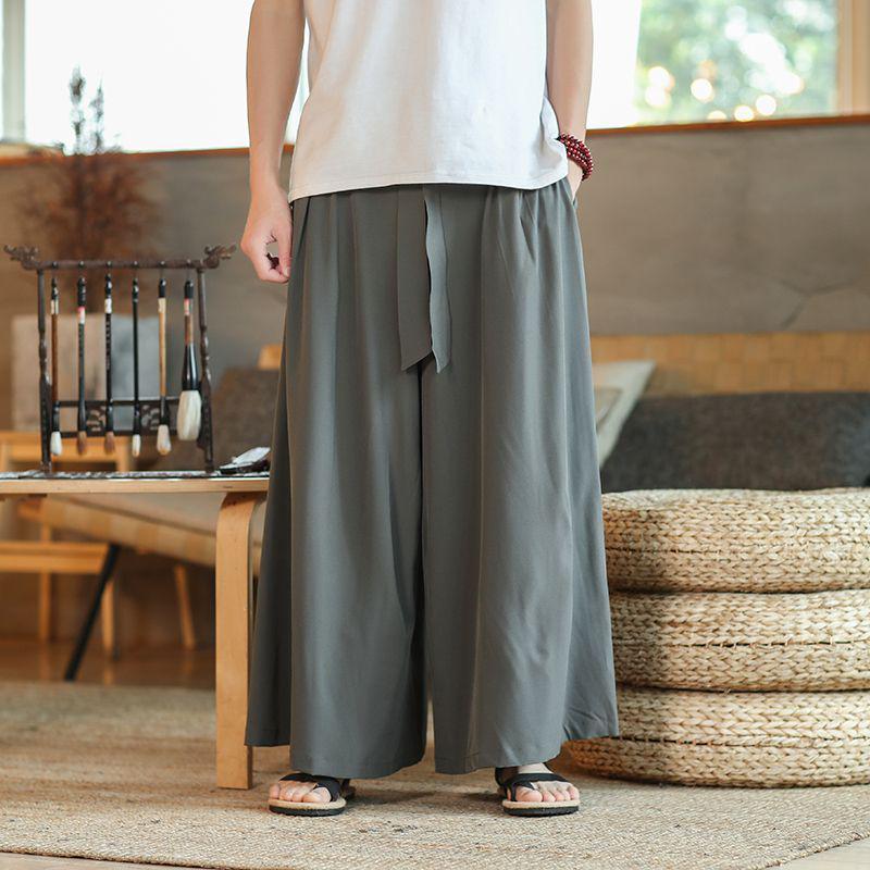 Men's Wide-Leg Ice Silk Culottes - Chinese Style Hanfu Tang Suit Meditation Skirt Pants