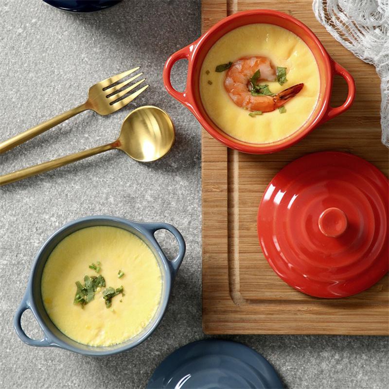 JUSTINLAU Kuchyňská miska s dvojitými uchy Keramická glazovaná pekařská mísa s víkem Domácí snídaňová mísa Mísa na napařovaný vaječný pudink Polévkové mísy