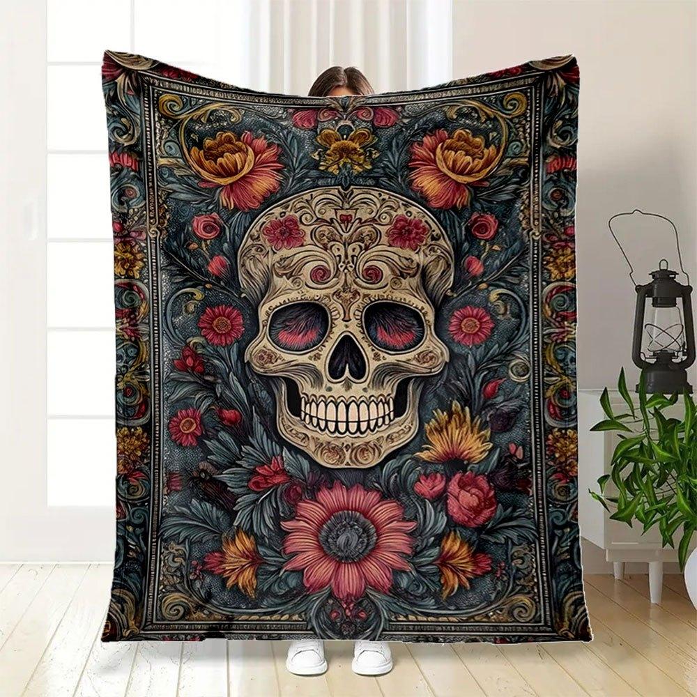 Day of the Dead Sugar Skull Art PrintBlanket Flannel Throw Blanket for Sofa, Bed, Travel, Camping, Office, Couch, Chair, And Bed Gift for Ch