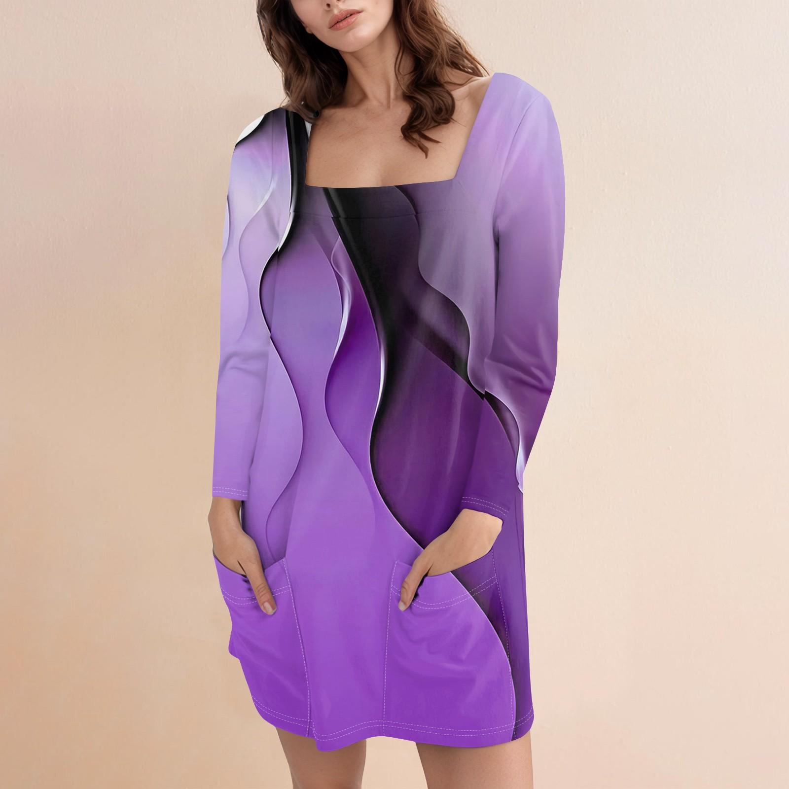 

Женское модное повседневное однотонное короткое платье с квадратным вырезом и длинным рукавом S фиолетовый