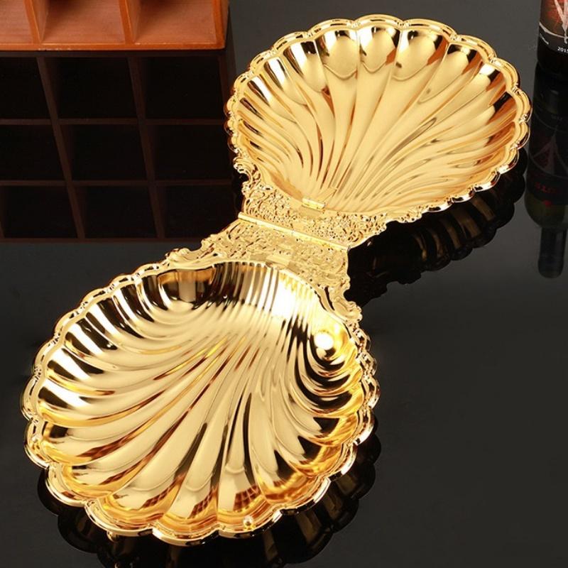 European Fruit Plate, Alloy Household Shell Shape Open Plate, Gold Niche Retro Snack Plate, Home Tabletop Living Room Decoration