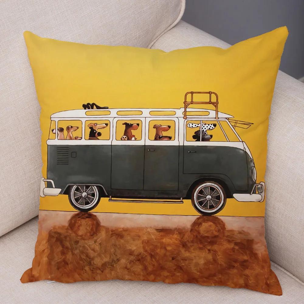 Colorful Cartoon Driving Bus Dog Cute Pet Print Cushion Cover for Home Living Room Sofa Car Decoration Pillowcase