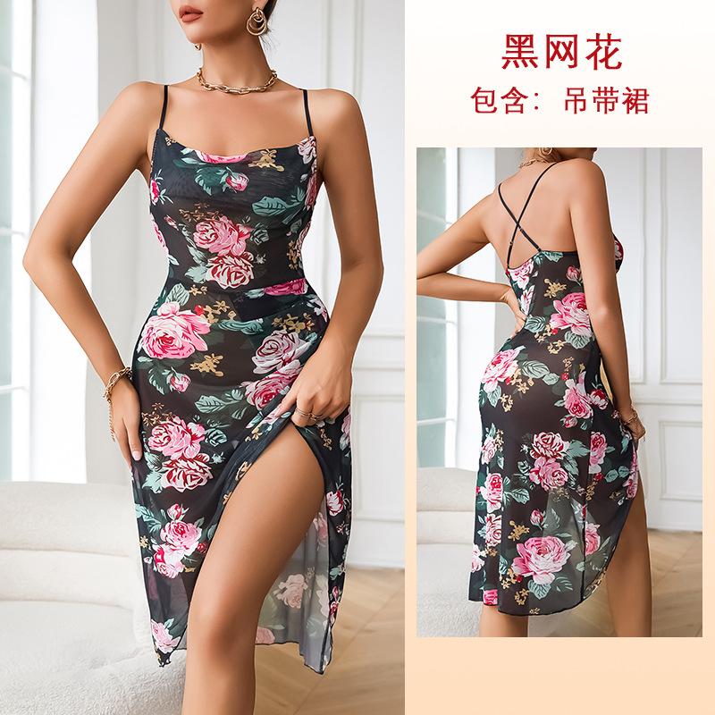 Feiyun New Mesh Floral Print Strapless Irregular Hem Strapless Dress Homewear 633 S