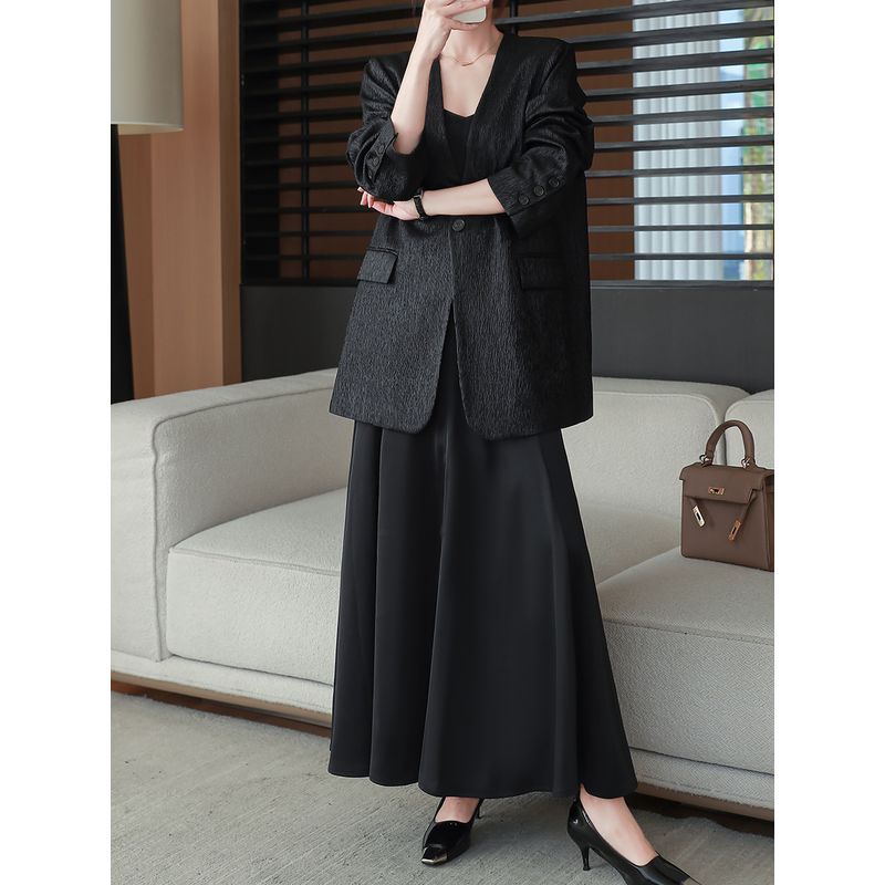 

plus Size Women s V-neck Suit Suspender Dress Suit 2024 Spring and Autumn Plus Size Ladies Suit Suspender Dress Two-piece Set Black [one-piece skirt with suspenders]] L