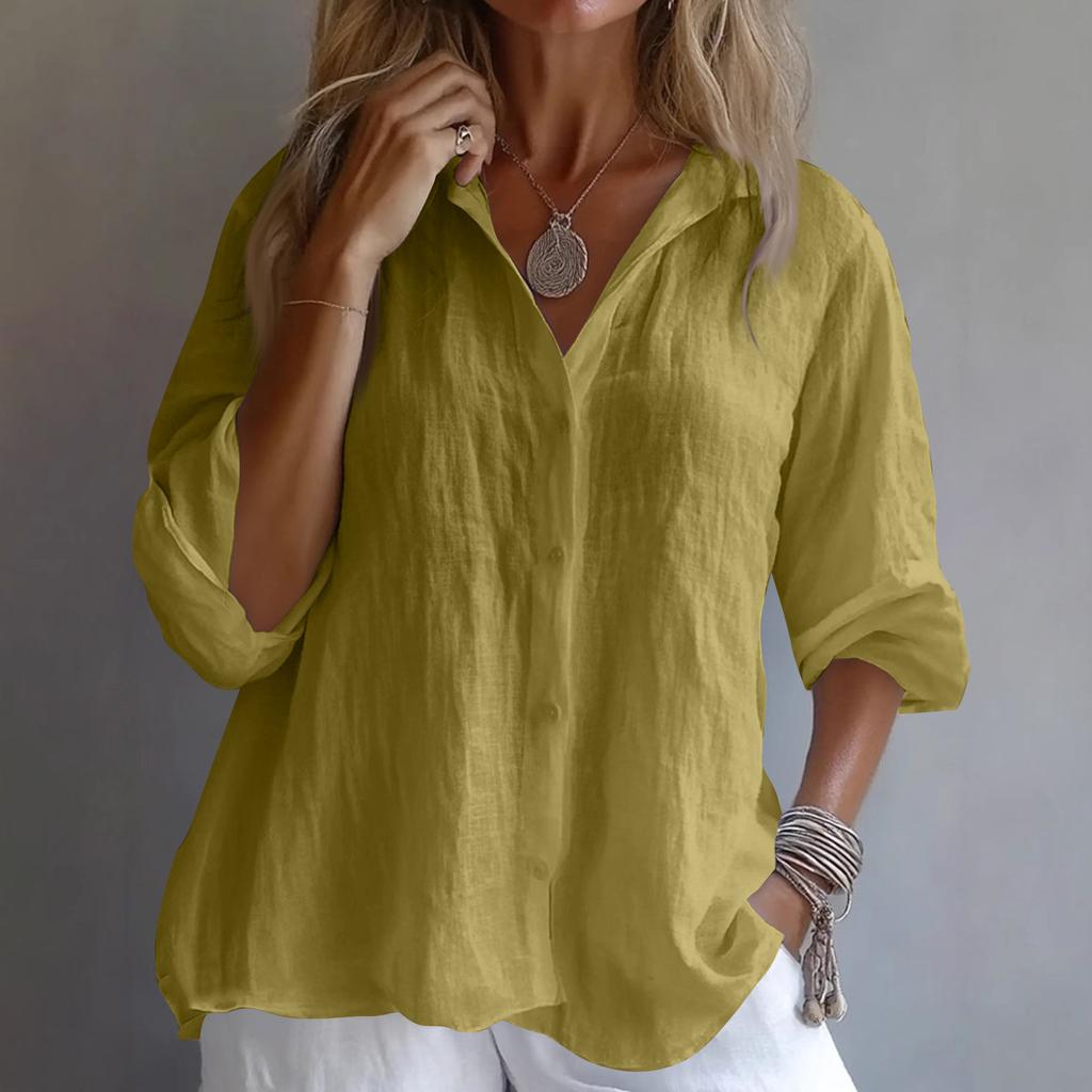 Ladies Fashion Solid Color Linen Long Sleeve Casual Shirt
