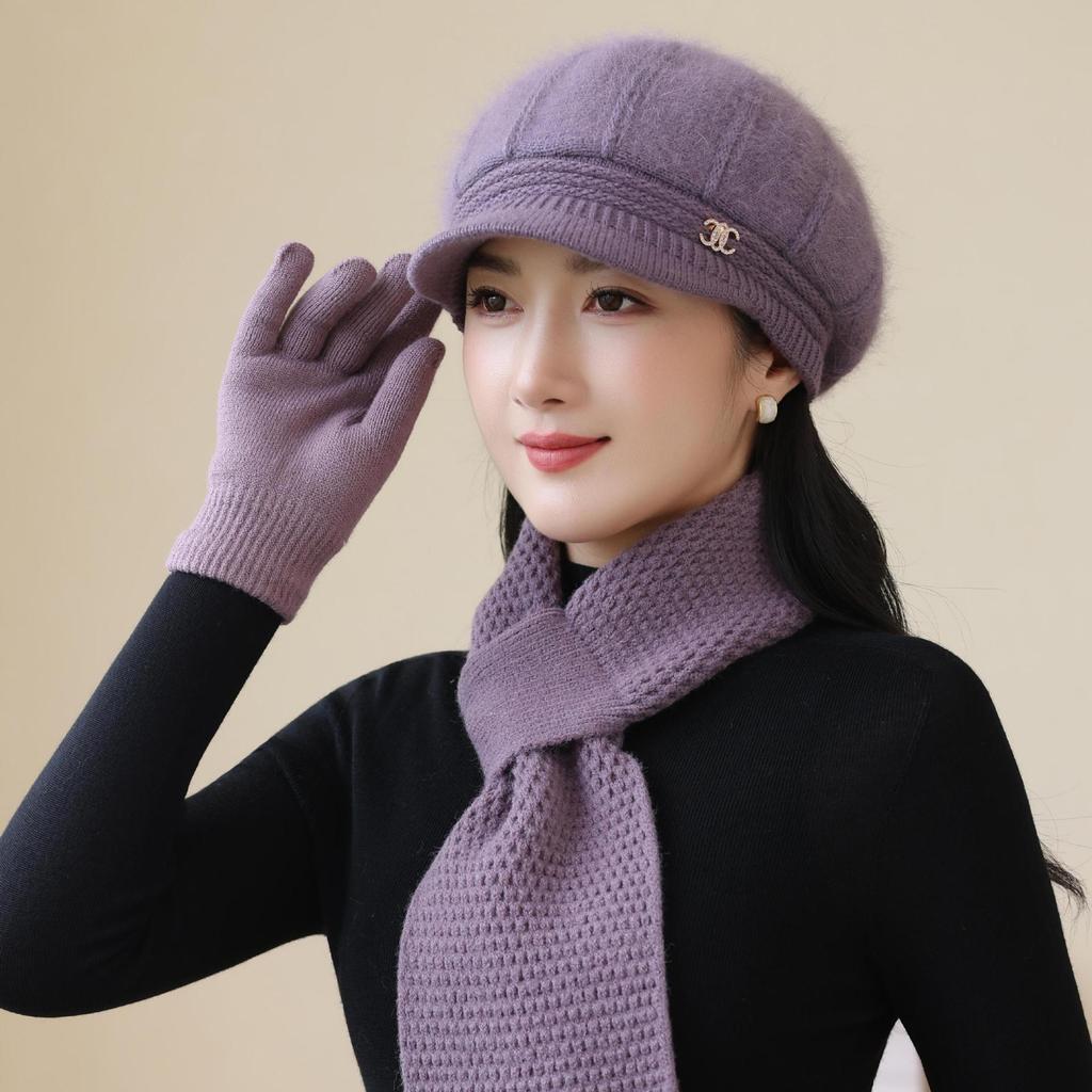 Knitted Woolen Hat New Rabbit Fur Hat for Women Mother  Middle Aged and Elderly Plus Velvet Warm Hat Grandma's Cold Proof Scarf