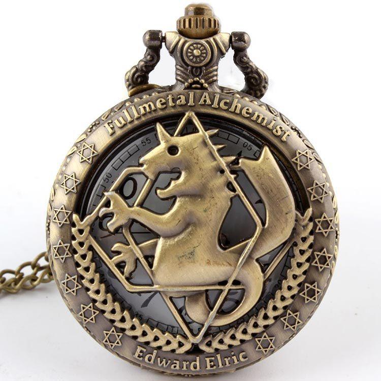 Vintage Full Metal Alchemist Cosplay Pocket Watch Necklace Chain Pendant Clock Steampunk Edward Elric Fob Watches For Men Women