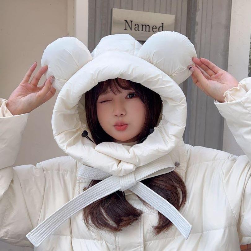 Autumn And Winter Cute Bear Ears Down Hat Women'S Northern Warm Ear Protection Lei Feng Hat Skiing Windproof And Cold Lace-Up