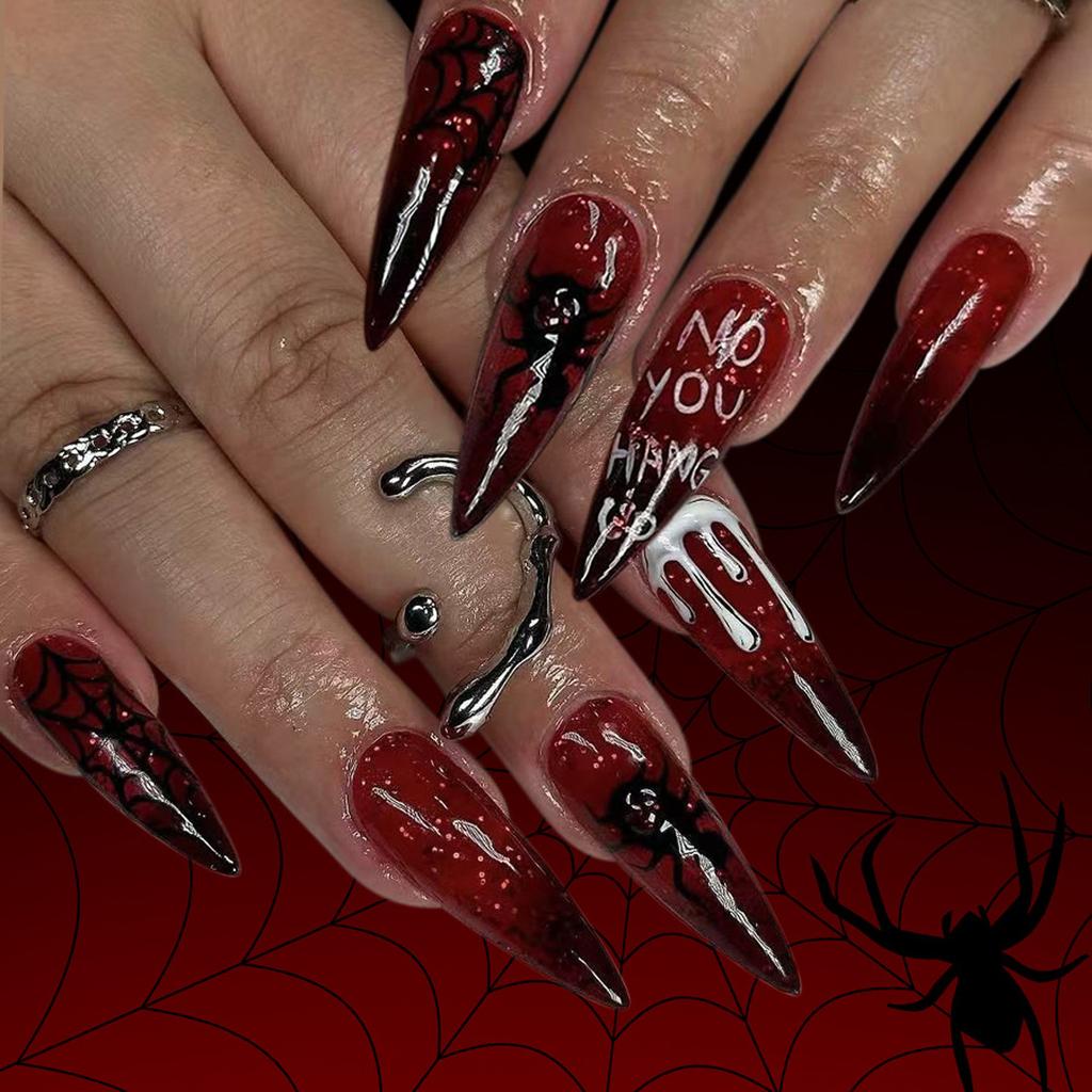 Halloween Press On Nails Almond Fake Nails Spider Acrylic Nails Glossy False Nails Stick On Nails Full Cover Fake Nails