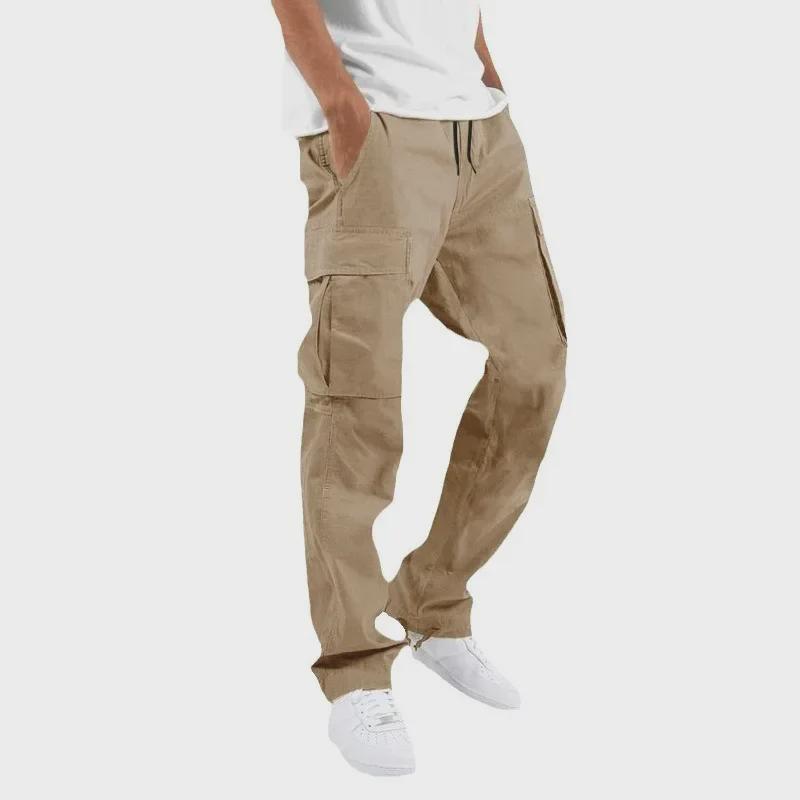 Men's Straight Casual Multi-Pocket Overalls for Spring and Autumn with Drawstring.