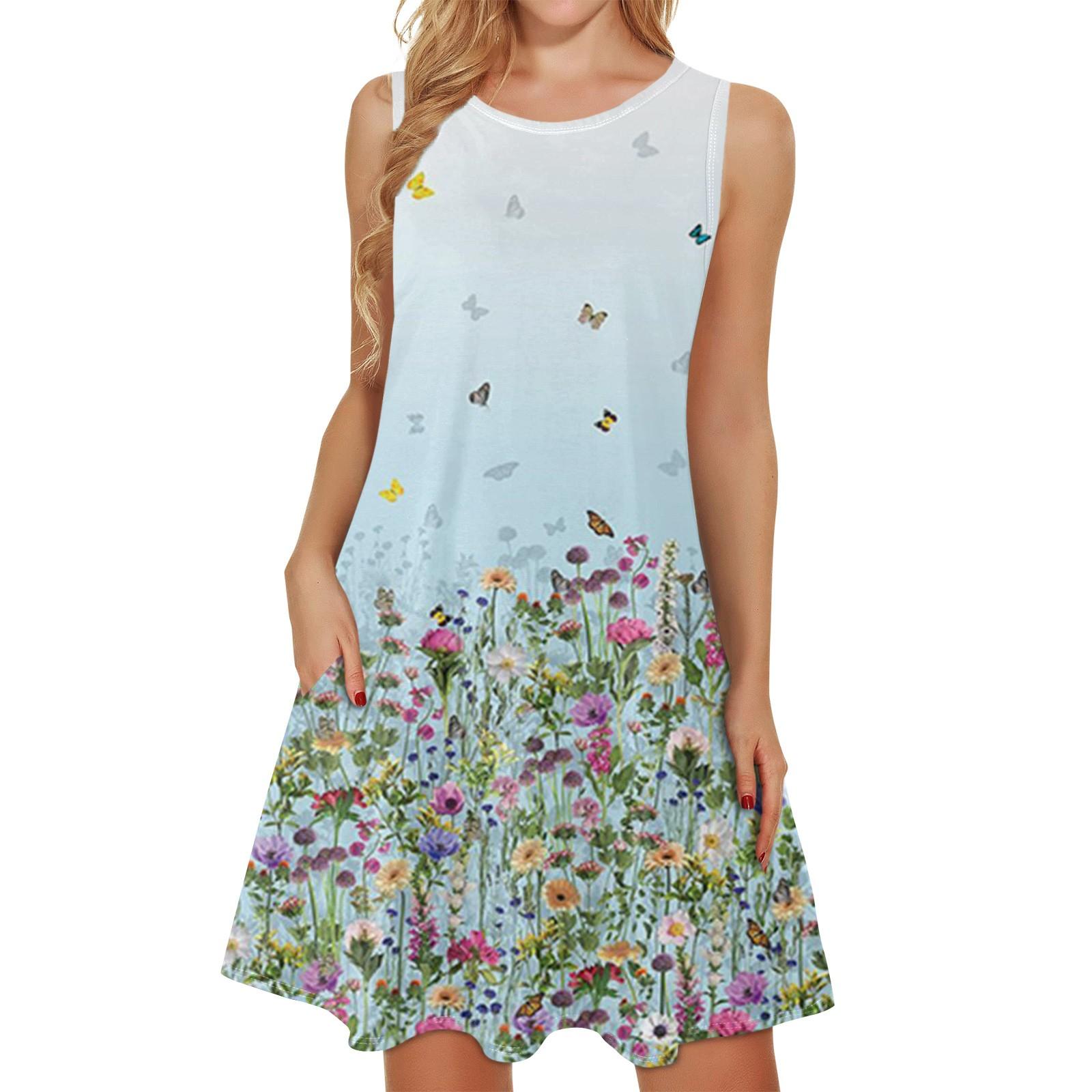 

Летнее женское повседневное пляжное платье без рукавов с принтом и круглым вырезом XL