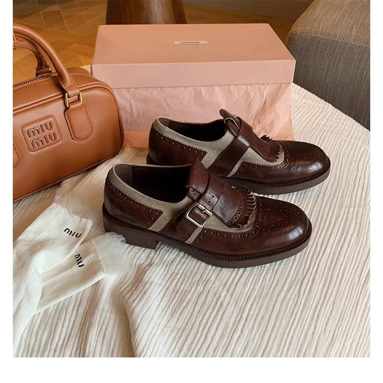 Grape Mother of the Same Style, Heavy Industry Horse Leather British Style Retro Thick Heel Fringed Carved Baroque Leather Shoes Women's Genuine Le