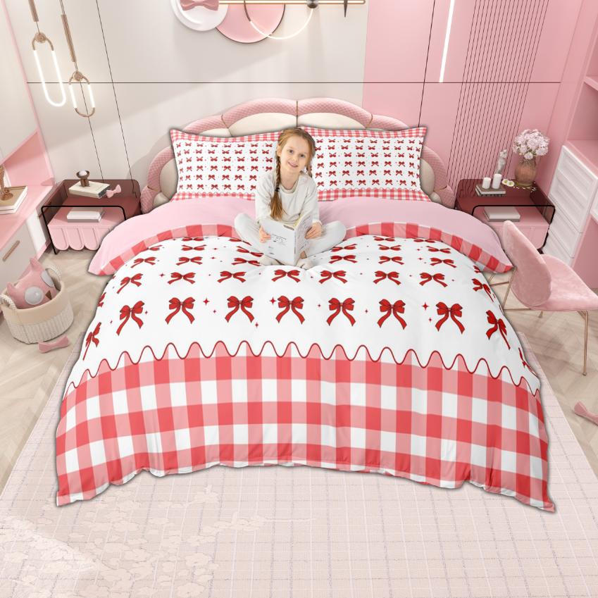Comforter Homewish Kawaii Cherry For Girls Cute Bow Knot Bedding For Princess Geometric Buffalo Plaid Bed Set