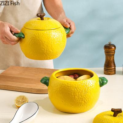 Creative Lemon Ceramic Bowl Household Large Double Ear Soup Pot Kitchen Decorative Tableware Large Capacity Soup Bowl Ramen Bowl