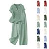 Women's Loose Fit Casual Embroidered Linen Set Short Sleeve Top with Wide Leg Pants Lightweight Summer Outfit