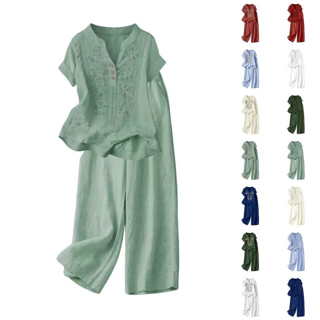 Women's Loose Fit Casual Embroidered Linen Set Short Sleeve Top with Wide Leg Pants Lightweight Summer Outfit