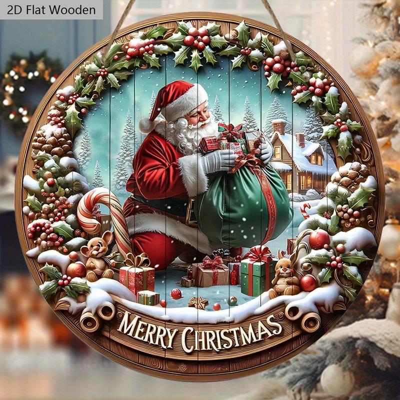Rustic Christmas Wooden Sign with Santa Claus Pattern - Merry Christmas Round Sign for Front Door, Wall Hanging Decor - Ideal Christmas Decoration