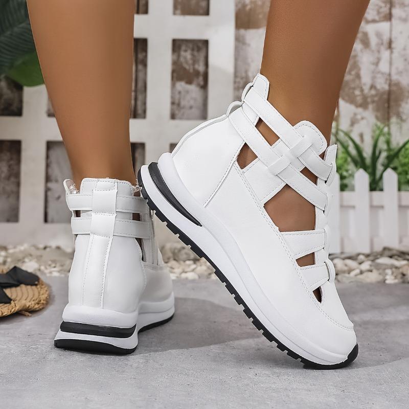Women'S White High-Top Cage Cut-Out Zipper Thick Sole Sneakers - Breathable PU Upper, Cushioned Comfort, All-Season Casual & Light Sports Shoes