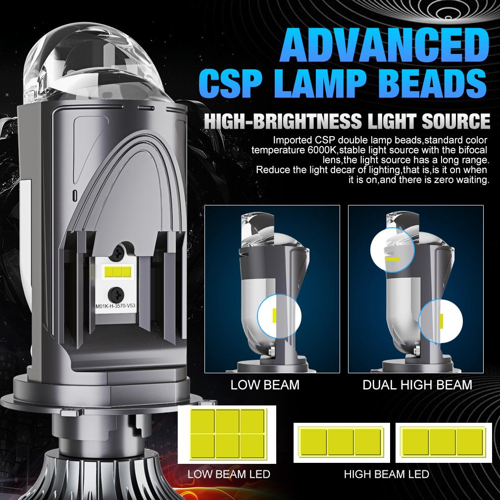 2Pcs High Power Double Mini Lens H4 LED Headlight Bulbs Projector Head Lamp High/Low Beam 100W 60000LM 3 Chips, 2 for High Beam