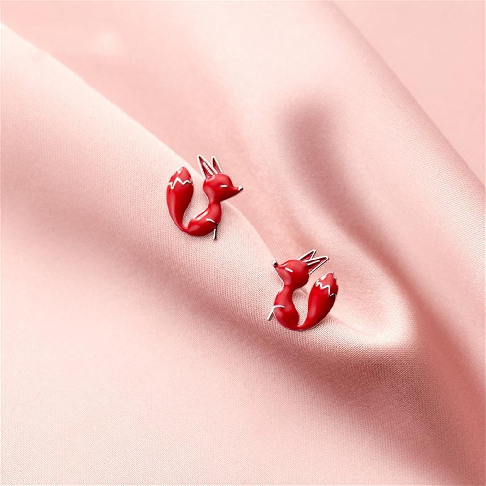 Cute Female Red Enamel Fox Stud Earrings Silver Color Wedding  For Women