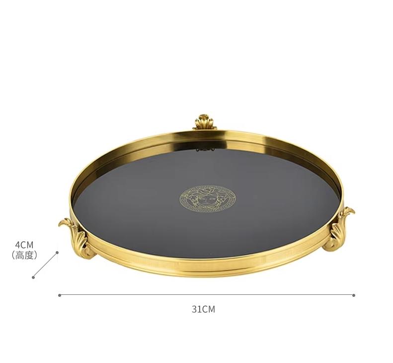 

Golden Copper Base Jewelry Display Plate Restaurant Serving Tray Living Room Decoration Gold Inlay Glass Storage Tray Decorative