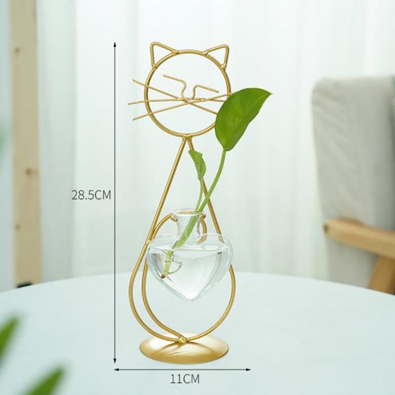 Cute Cat Iron Flower Vases High Temperature Baking Paint Hydroponic Glass Cat Shape Heart Vase With Metal Holder