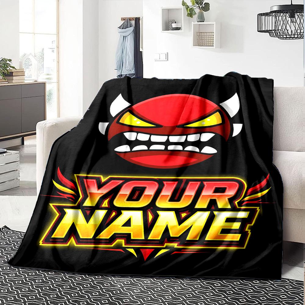 1pc Geometry Dash Blanket with Custom Name, Gift, for Men and Women, Soft Blanket, Good for Sofa Bed Couch Travel, Lightweight Flannel Blanket