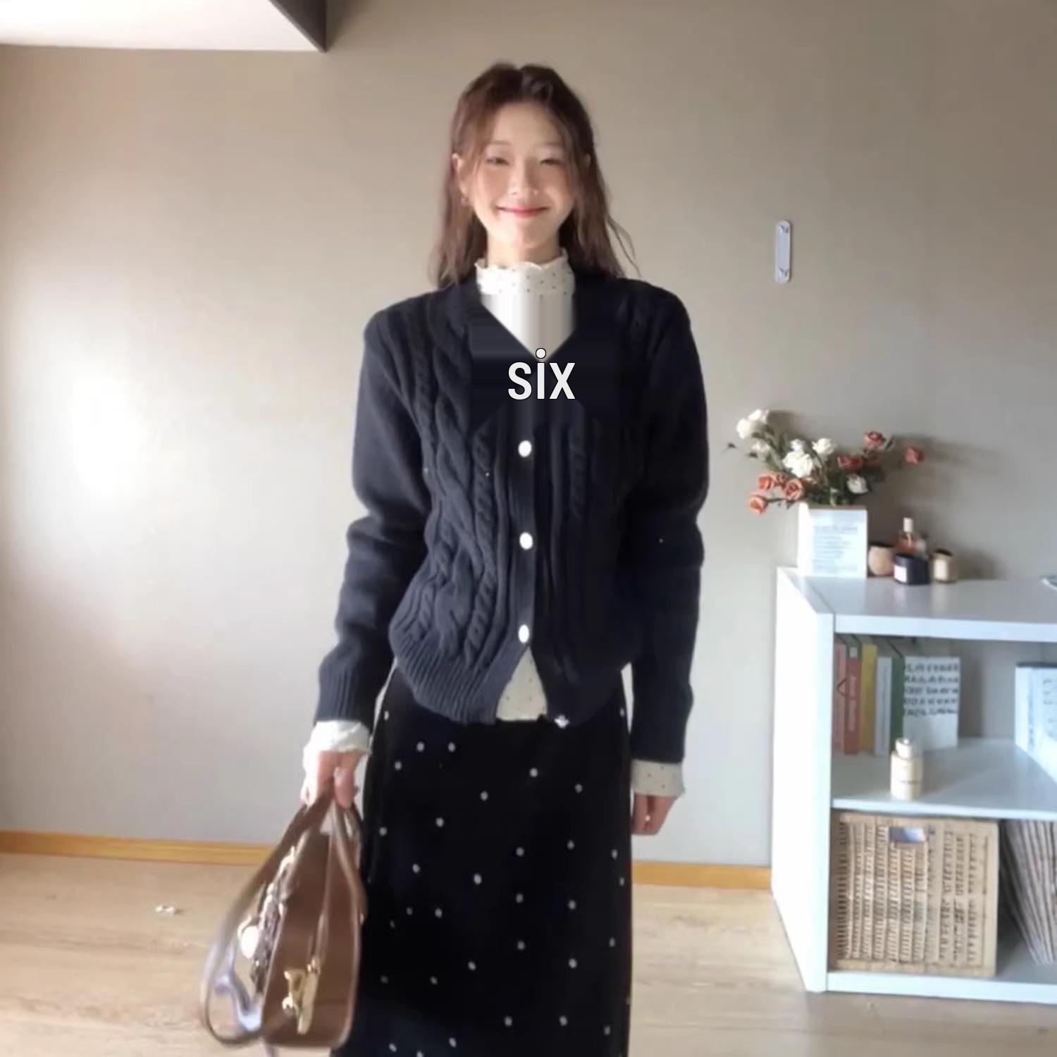 Chic Women s Winter Set: French Knit Cardigan, Polka Dot Base Layer, and High-Waisted Skirt. M