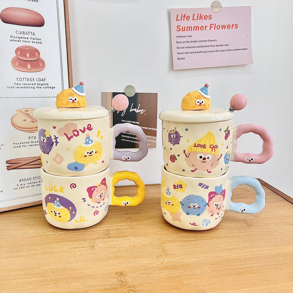 Cute Coal Ball Mug With Lid Spoon High Value Girl Heart Cup Ceramic Couple Water Cup Girl Birthday Gift