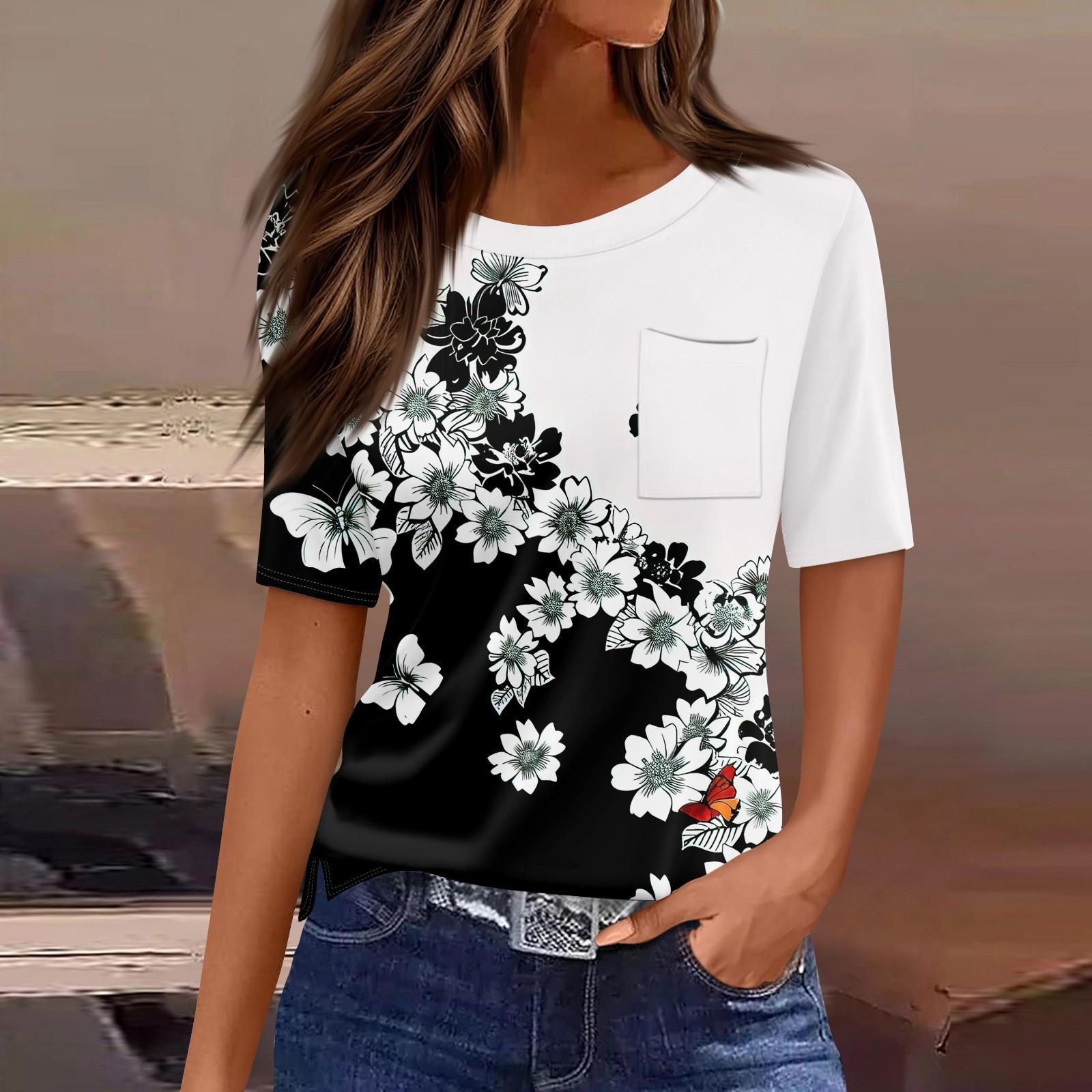 

Футболки для женщин с круглым вырезом, нарядные повседневные блузки с принтом, короткие рукава, летние топы свободного кроя XL белый