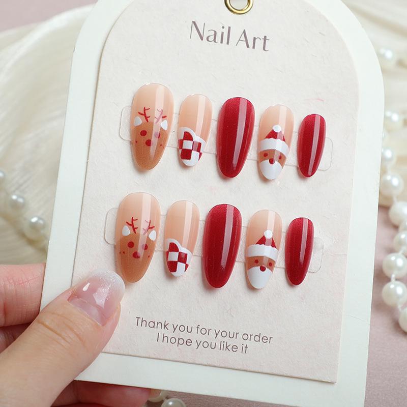 24pcs Christmas Almond Nails - Deer, Grid  Santa Claus Design