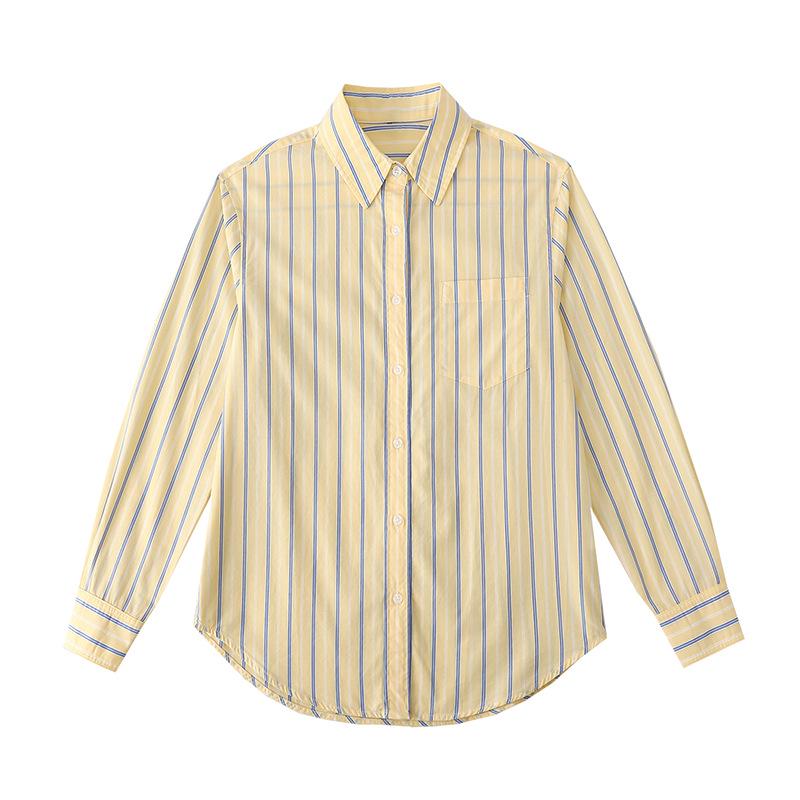 

2026 Women s Striped Anti-Curl Cotton Polo Collar Slimming Cardigan Shirt L