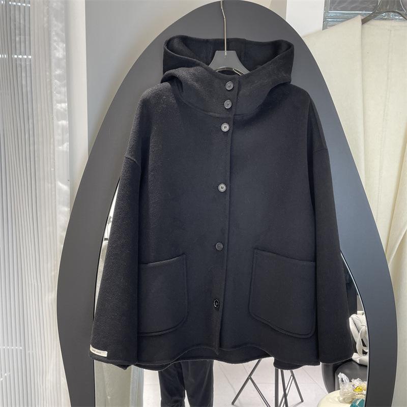 Hooded Double-sided Nylon Wool Coat Coat Women's Woolen Simple and Versatile Casual Commuter Loose Version Medium and Long