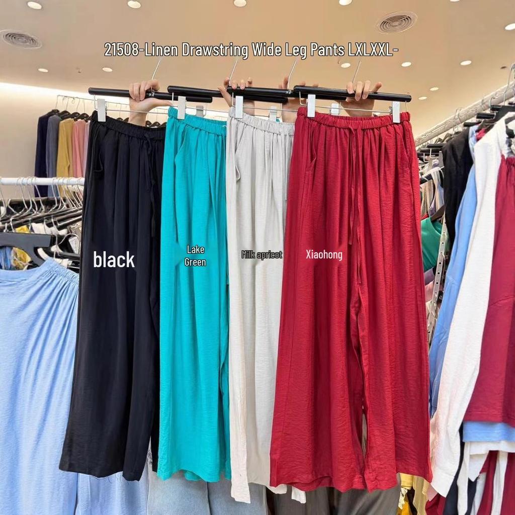 Da7 Women's Summer Plus Size High Waist Elastic Drawstring Wide-Leg Pants