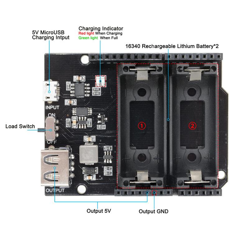 ESP8266 ESP32Power Supply Rechargeable Dual16340Lithium Battery Shield Module Expansion Board