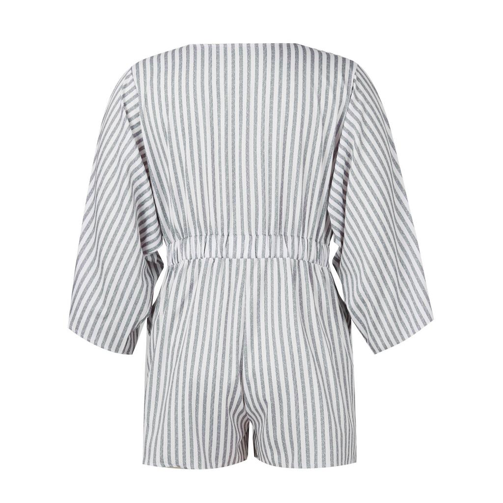 Summer Women'S Beach Resort Striped Knotted Tie Half-Sleeve V-Neck Slim Fit Waist Elastic Jumpsuit