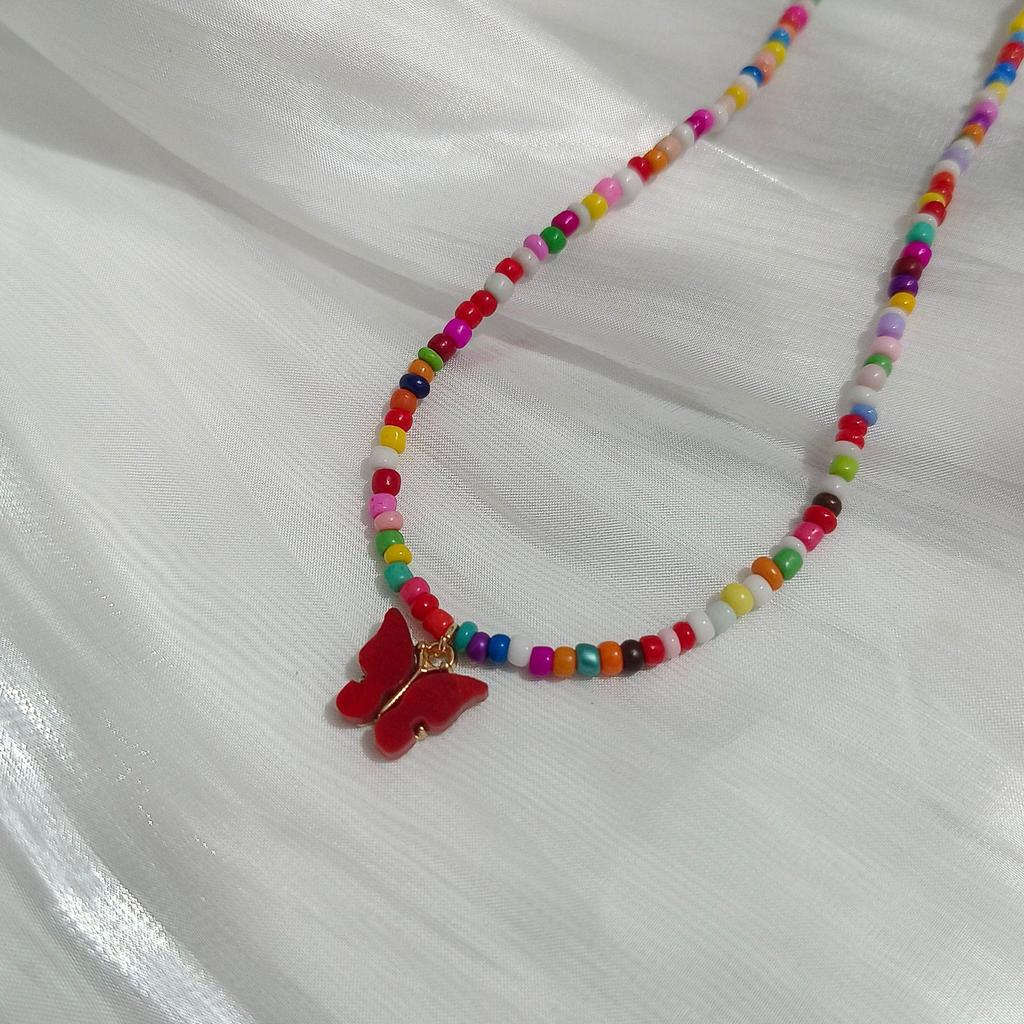 European Retro Bohemian Multi-Color Beaded Necklace with Butterfly Pendant