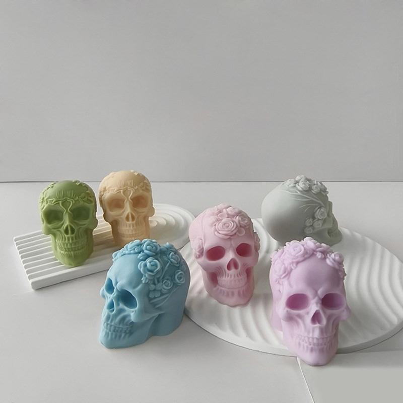 3D Skull Resin Molds Halloween Candle Mold Rose Skull Shaped Candle Making Mould Handmade Fondant Cake Aromatherapy Mold