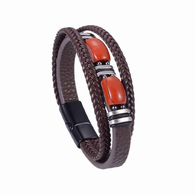 Men's Tiger Eye Woven Leather Bracelet - European & American Retro Style with Stainless Steel Handmade Jewelry.