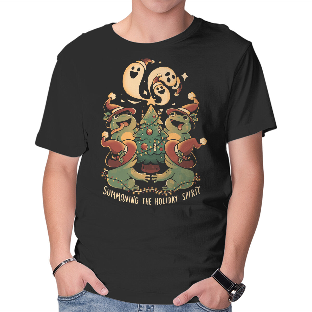 Unisex Crew Neck T-Shirt Summoning The Holiday Spirit Frogs Graphic Short Sleeve Casual Tee XS