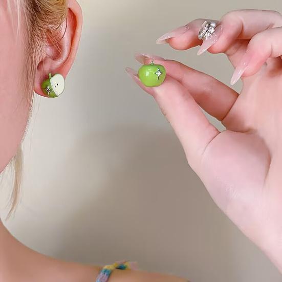 1 Pair Stud Earrings Green Fruit Design High Gloss Glaze Non-Fading Ear Studs Lightweight Girl Earrings Fruit Jewelry