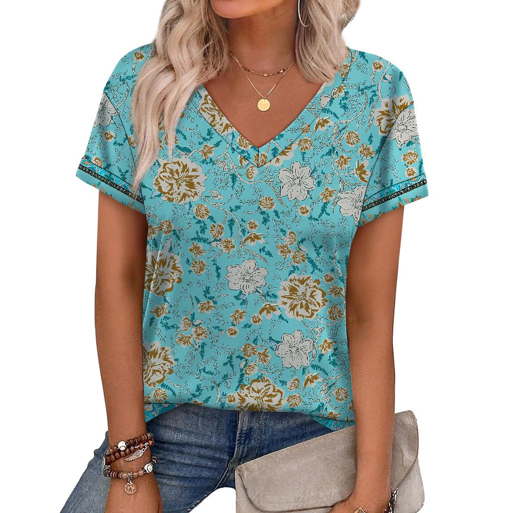 Women's V Neck Short Sleeve Casual Top Lightweight Loose Fit Pullover Blouse with Printed Pattern for Spring Summer Wear